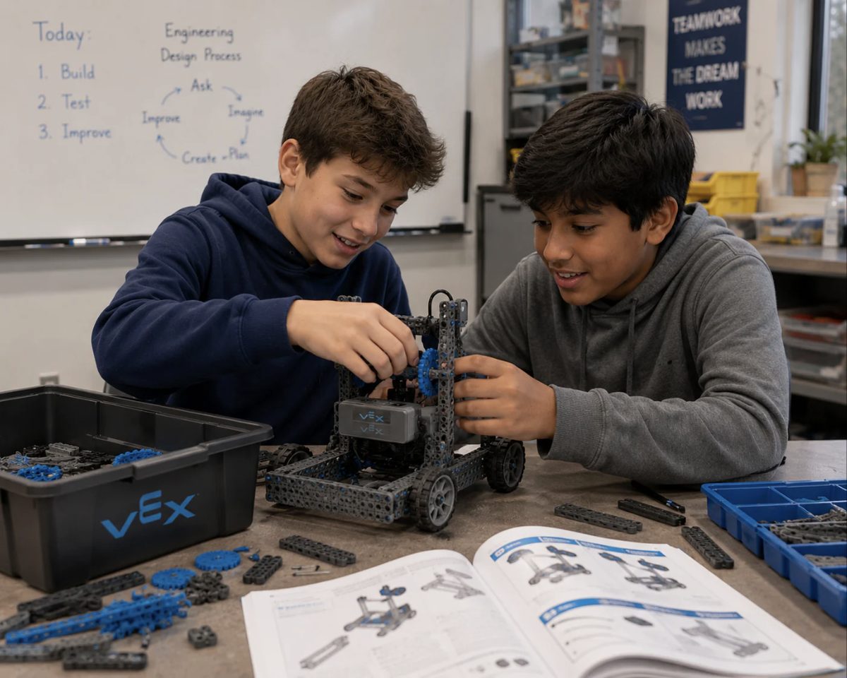 Students building a robot at Horizon STEM Lab
